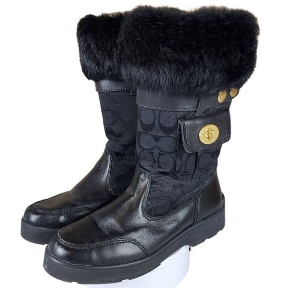 Coach- Women’s Jacquard Kimberly Faux Fur Trim Snow Boots, Size 7M - Picture 1 of 15